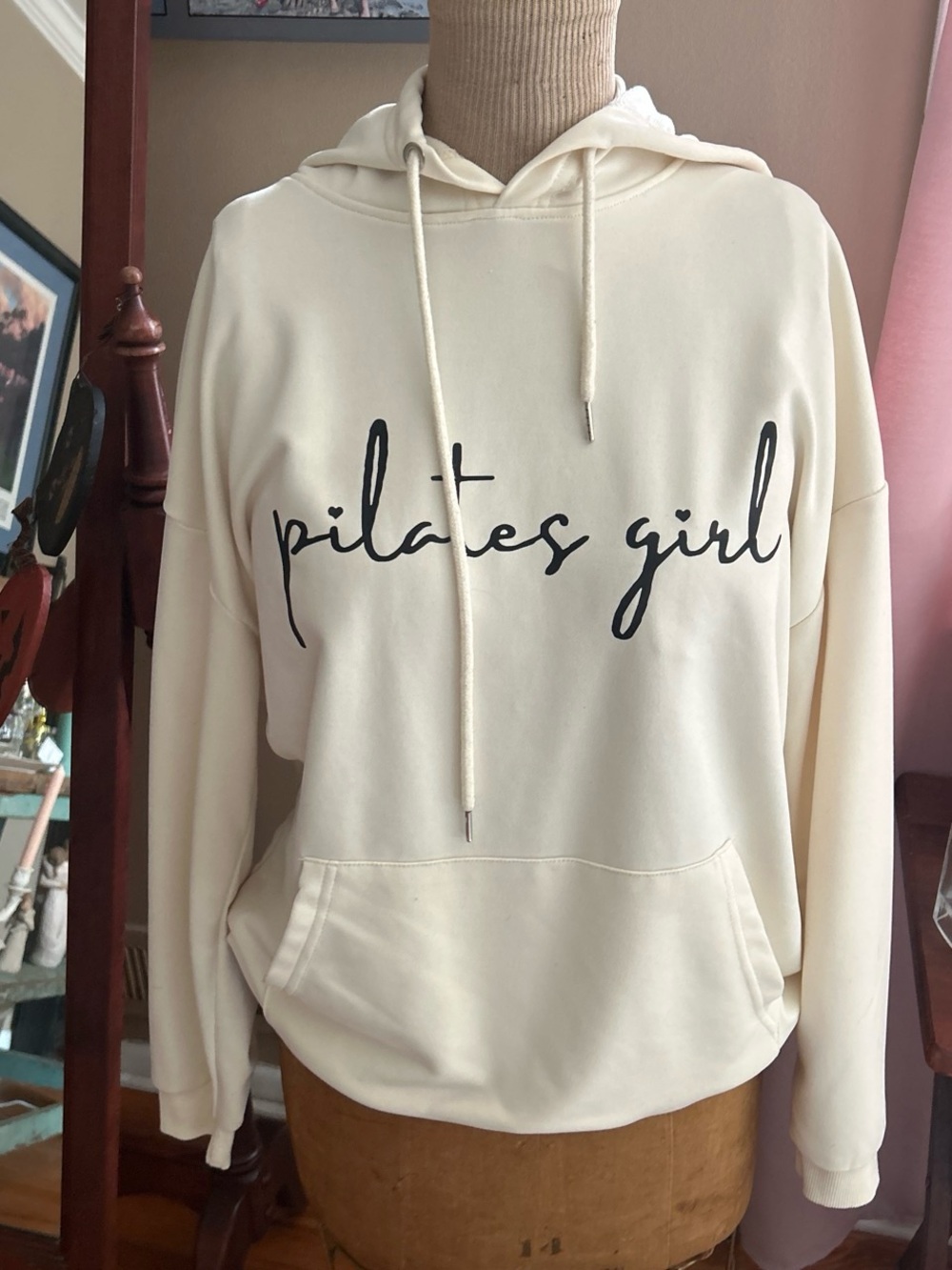 Pilates Girl Cream Hoodie Sweatshirt - Comfortable Women's Top | Size Large